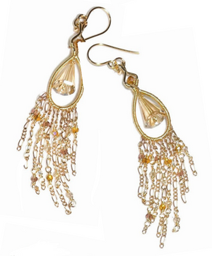 Gold teardrop earrings with fringe details on a white background
